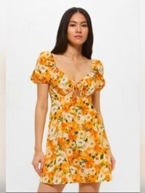 H&M Orange Floral Tie-Front Puff Sleeve Mini Dress